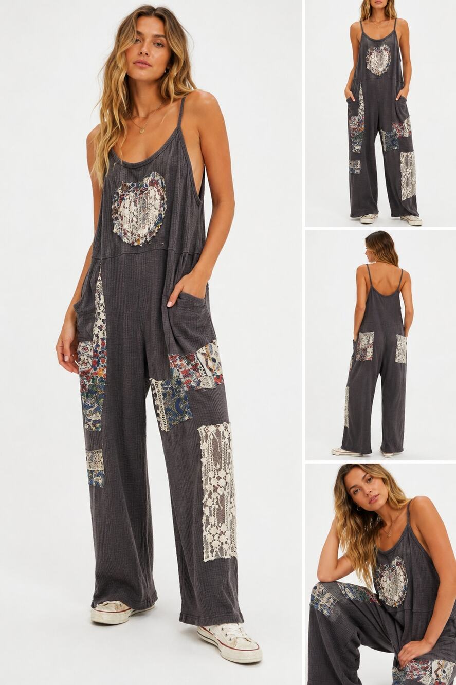 New POL Patchwork Thermal Knit Wide Leg Jumpsuit Charcoal Floral Lace Size Large